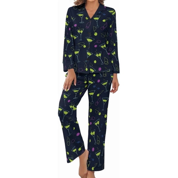 HPINK-T Women's Pajama Sets Martini Glasses Olives Long Sleeve Lounge Sets Pjs Sleepwear with Pockets