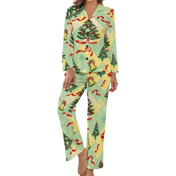 HPINK-T Womens Pajamas Set Christmas Tree Bells Ribbons Soft Long Sleeve Sleepwear Button Down Sets