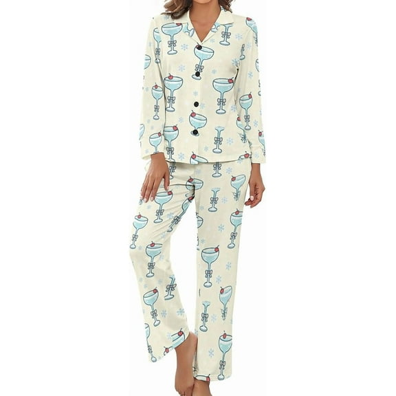 HPINK-T Womens Pajamas Set Christmas Tree Bells Ribbons Soft Long Sleeve Sleepwear Button Down Sets