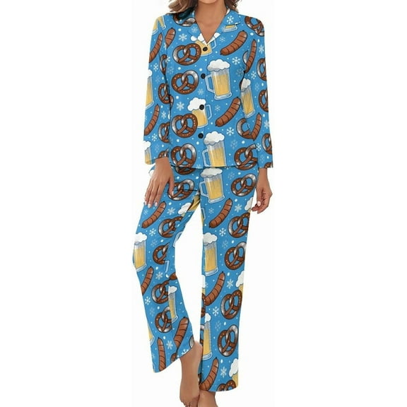 HPINK-T Womens Pajamas Set Christmas Tree Bells Ribbons Soft Long Sleeve Sleepwear Button Down Sets