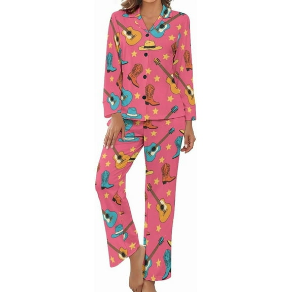 HPINK-T Womens Pajamas Set Country Music Theme Pattern Soft Long Sleeve Sleepwear Button Down Sets