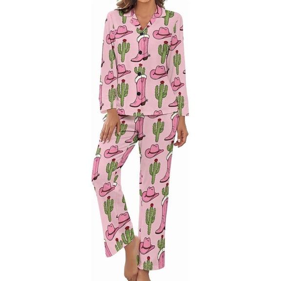 HPINK-T Womens Pajamas Set Cowgirl Boots Cactus Hats Soft Long Sleeve Sleepwear Button Down Sets