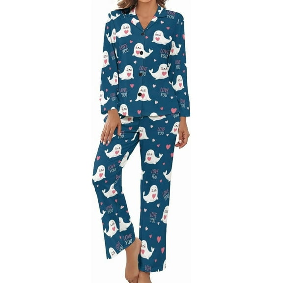 HPINK-T Womens Pajamas Set Cute Seals Hearts Soft Long Sleeve Sleepwear Button Down Sets