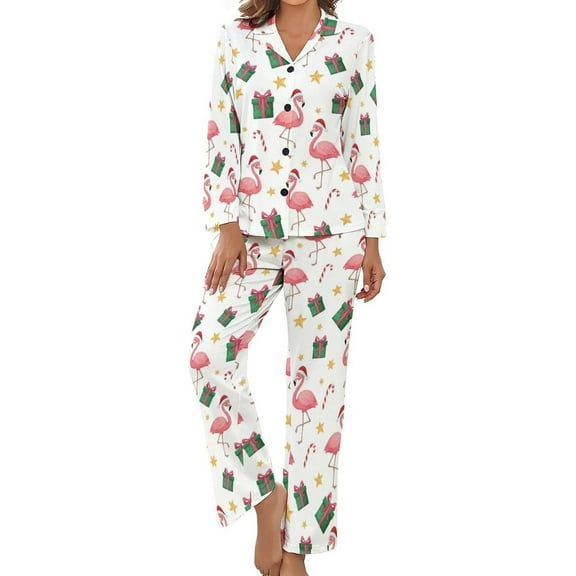 HPINK-T Womens Pajamas Set Flamingo Christmas Stars Soft Long Sleeve Sleepwear Button Down Sets