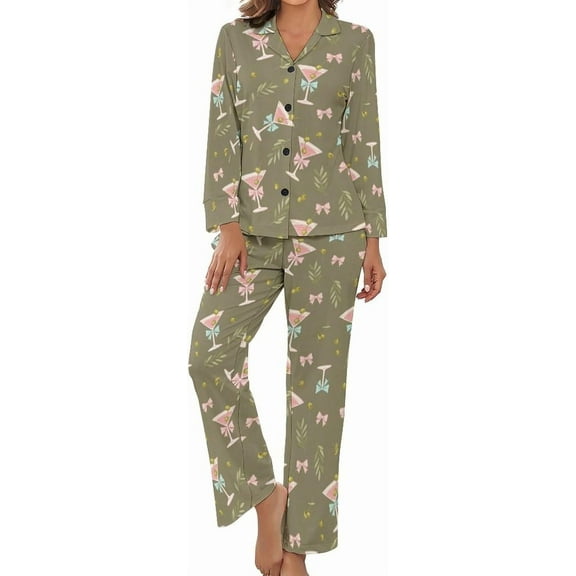 HPINK-T Womens Pajamas Set Martini Glasses Olives Soft Long Sleeve Sleepwear Button Down Sets