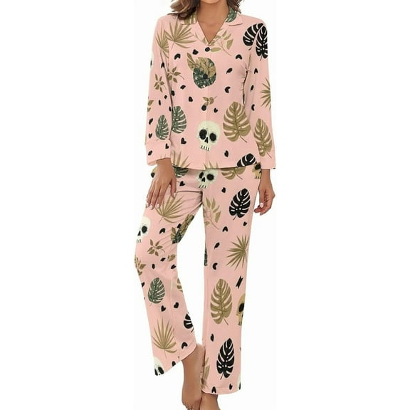 HPINK-T Womens Pajamas Set Skull Leaf Soft Long Sleeve Sleepwear Button Down Sets