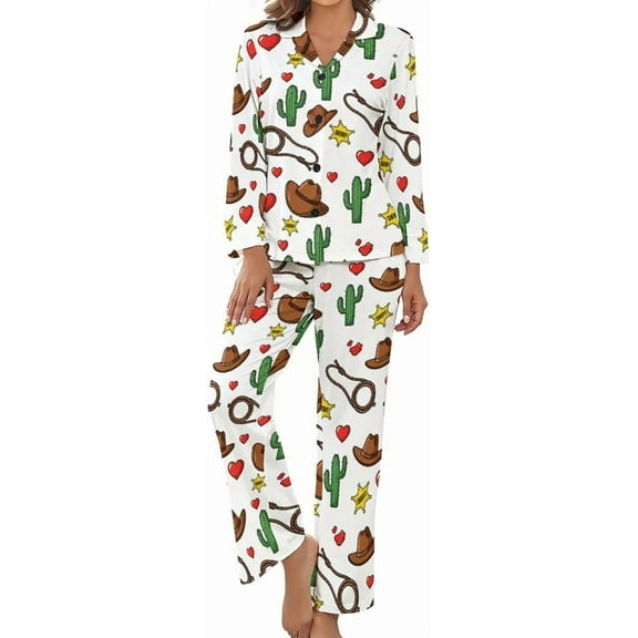 HPINK-T Womens Pajamas Set Western Theme Cacti Hearts Soft Long Sleeve Sleepwear Button Down Nightwear Pj Lounge Sets