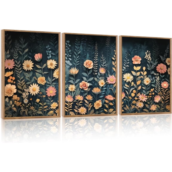 HPINUB Large Boho Wildflowers Canvas Framed Wall Art Set,Minimalist Vintage Flower Wall Decor,Beige Floral Botanical Artwork for Living Room Bedroom,Dining Room,Office -16"x24"x3
