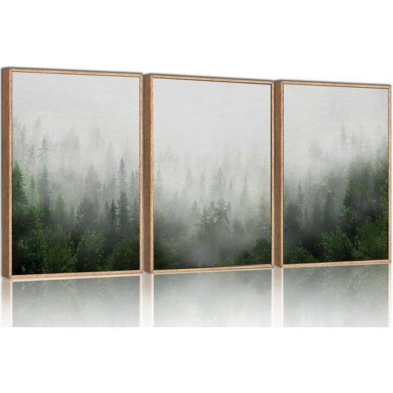 HPINUB Misty Green Forest Canvas Wall Art Set, Nature Scenery Modern Wall Decor, Foggy Mountain Wall Painting, Woodland Landscape Nursery Art Print for Living Room, Bedroom(only canvas)