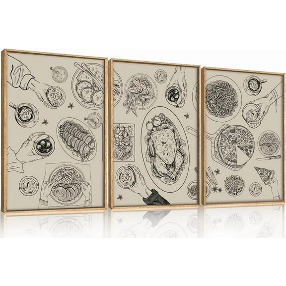 HPINUB Vintage Food and Drink Framed Canvas Wall Art Set,Sketch Pizza Cheers Wall Decor,Thanksgiving Dinner Turkey Artwork,Black and white Art Prints for Kitchen,Dining Room,Gatherings Decor-16"x24"