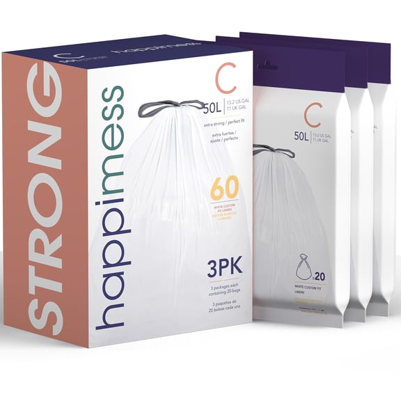 HPM3000C-WHITE 13.2 Gallon Kitchen Drawstring Trash Bags, Trash Can Liner, White, 60-Count, 3-Packs of 20 Liners