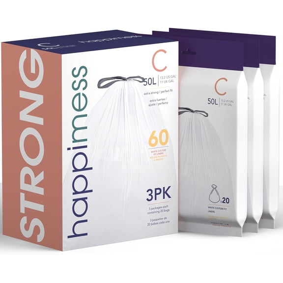 HPM3000C-WHITE 13.2 Gallon Kitchen Drawstring Trash Bags, Trash Can Liner, White, 60-Count, 3-Packs of 20 Liners