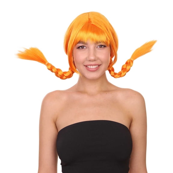 HPO Adult Bavarian Teen/Women Double Braided Wig, Pumpkin Color Wig, Synthetic Fiber
