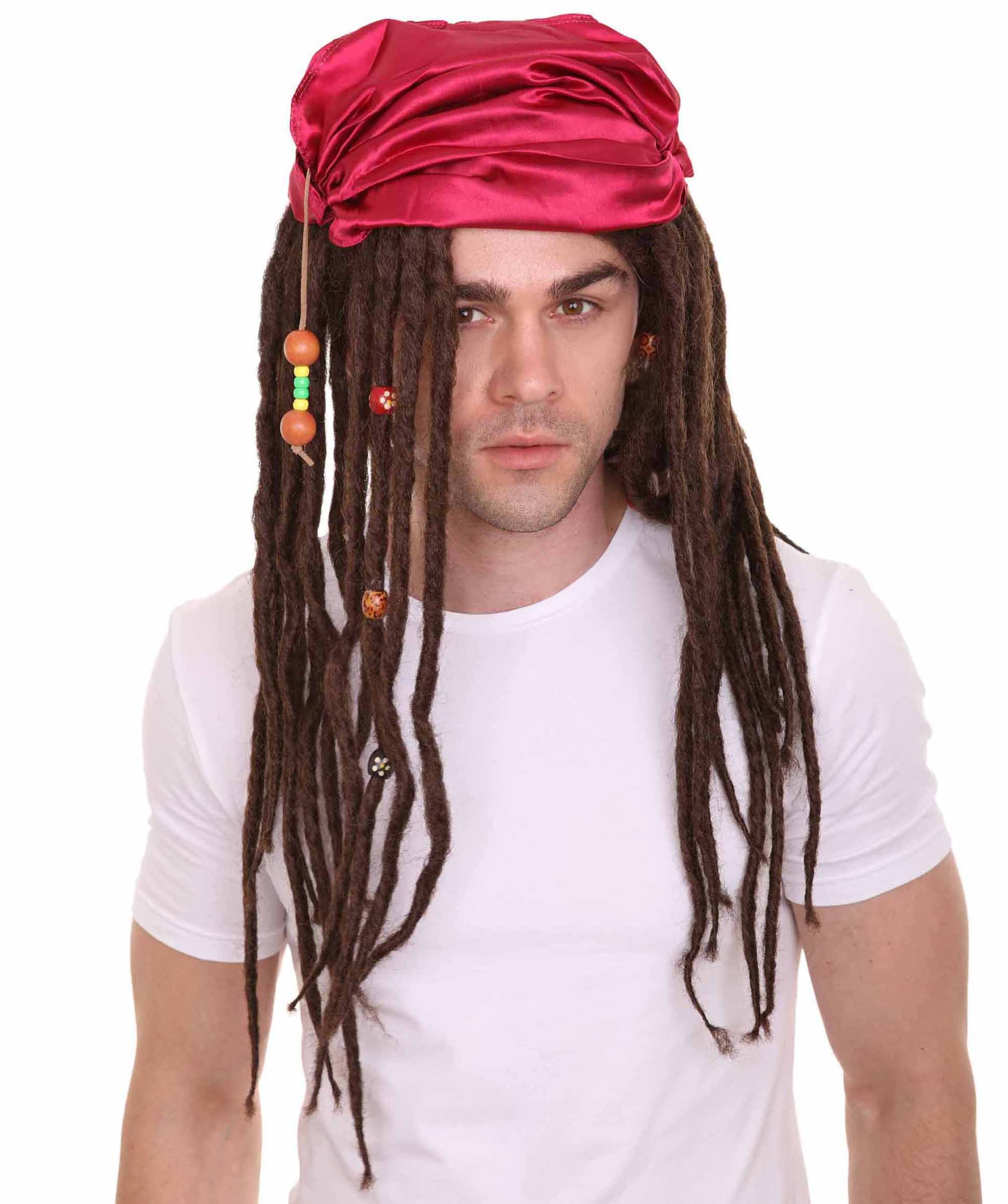 HPO Adult Men’s Buccaneer Braided Wig – Long Brown Pirate Costume Hair for Halloween & Cosplay
