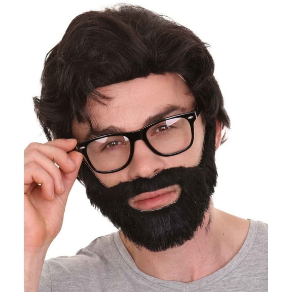 HPO Adult Crime TV | Men's Medium Length Side Part Black Straight Bearded Cosplay Wig with Black Glasses