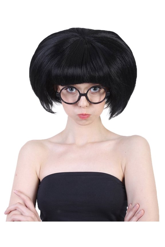 | Adult Fashion Edna | Black Colors Bob with Bangs and Glasses, Halloween Wig | capless cap |