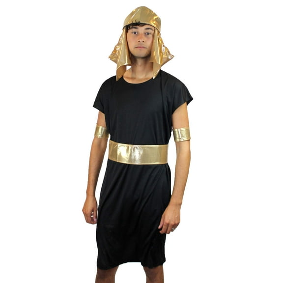 HPO Adult Men's Pharaoh Costume – King of Egypt 4PC Outfit with Headpiece, Black & Gold for Halloween