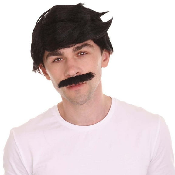 HPO Adult Men Cartoon, Black Wig and Mustache Set, TV/Movie Cosplay Wigs, Premium Cap for Halloween
