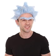 HPO Adult Men Classic Long Curly Rick Lt Blue Wig and Two Styles Unibrow, TV/Movie Halloween Wigs