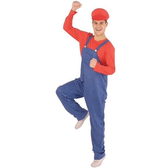 HPO Adult Men Mr Plumber Costume Red and Blue Color Overalls (Large)