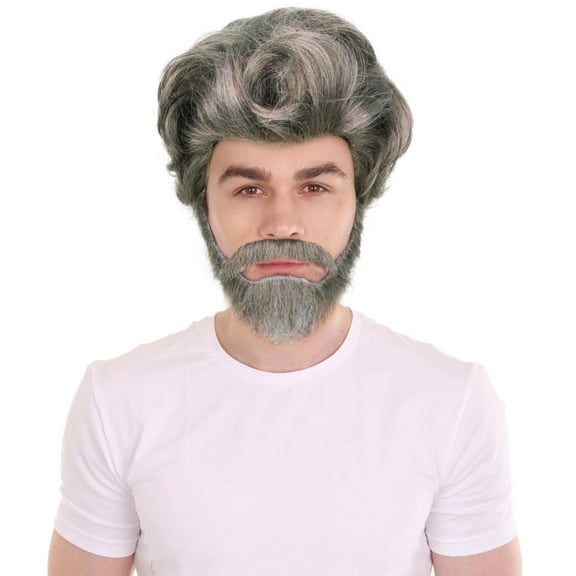 HPO Adult Men's 10" Inch Short Length Grandpa Sinner Costume Wig, Synthetic Fiber Hair with Beard and Mustache,