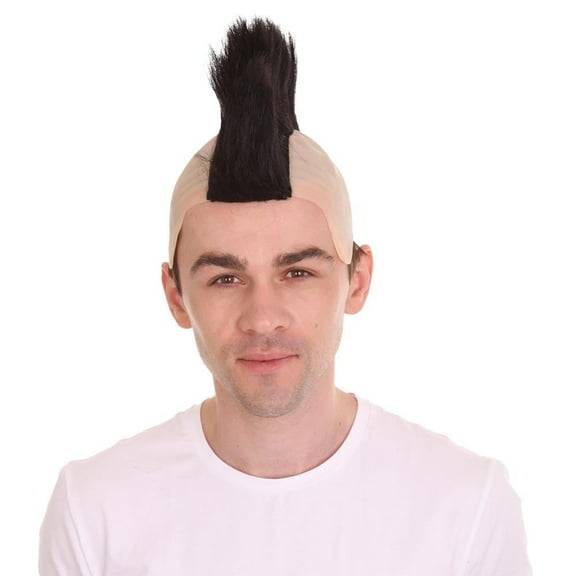 HPO Adult Men's 80's Punk Rocker Mohawk Wig, Synthetic Black Wigs for Halloween & Cosplay Costume