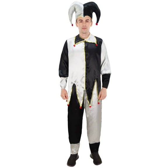HPO| Adult Men's Black & White Jester Costume| Non-flammable Synthetic Fabric
