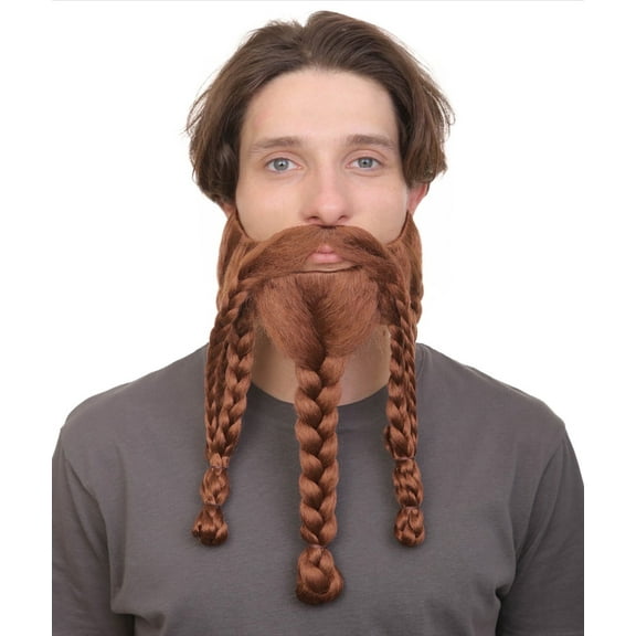 HPO Adult Men's Braided Viking Beard and Mustache | Redish Brown Color | Novelty False Facial Hair | Costume Accessory for Adults