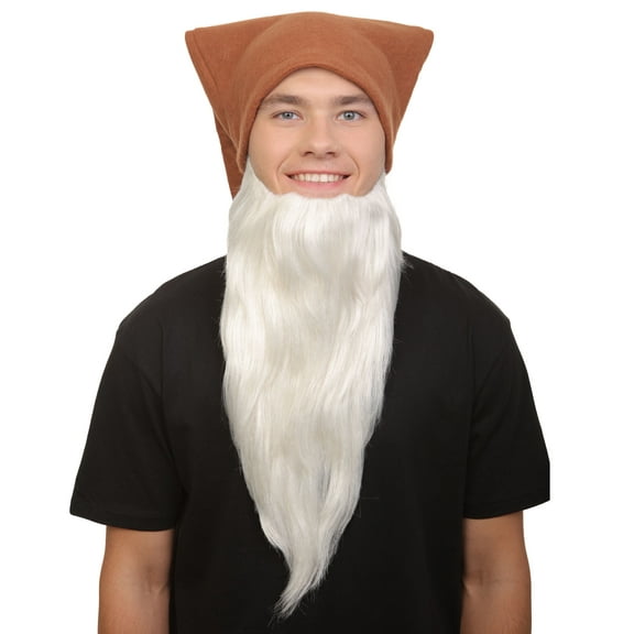 HPO Adult Mens Classic Animated Snowy White Dwarf Cartoon Beard with Brown Hat, Flame-retardant Synthetic Fiber