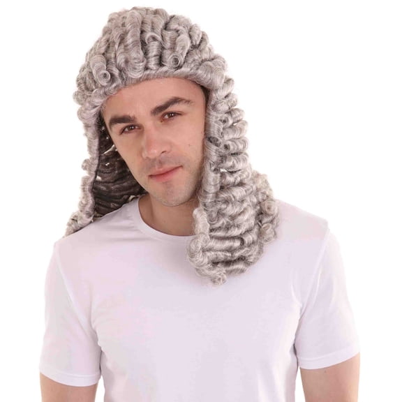 HPO Adult Men's Colonial Curly Grey Historical Judge Wig | Premium Breathable Capless Cap