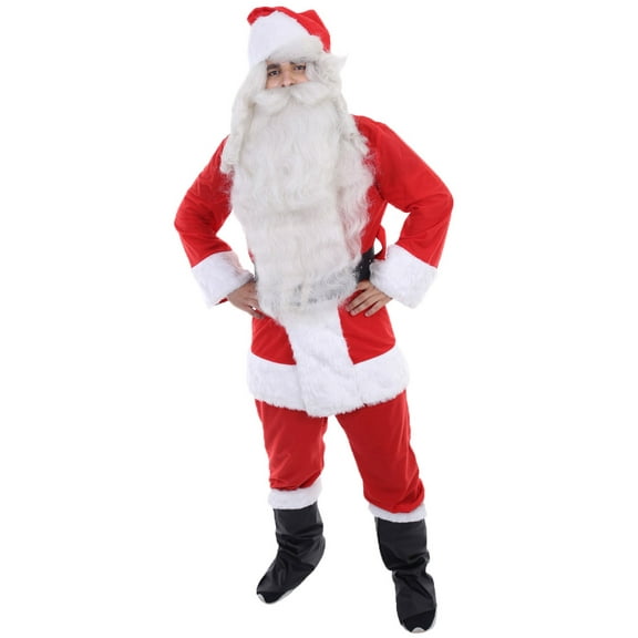 HPO Adult Mens Deluxe Classic Santa Suit Costume Set Red and White Christmas Outfit with Jacket, Pants, Belt, Hat, and Boot Tops