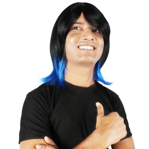 HPO Adult Men's Demon Beast Fighter Dark Long Black & Blue Wig