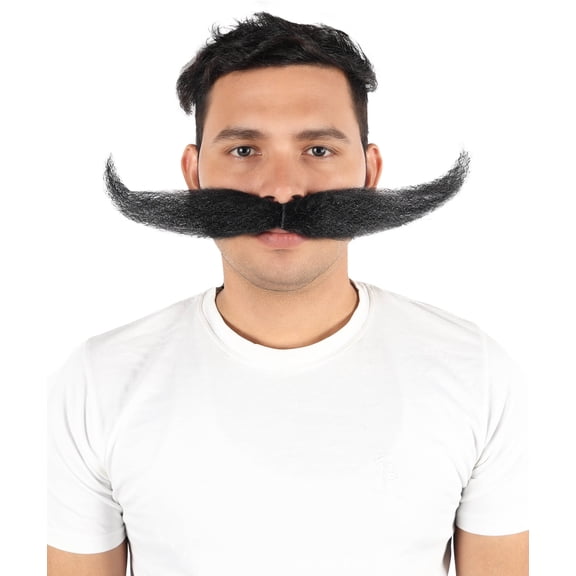 HPO Adult Men's Giant Black Fake Mustache, Self-Adhesive Costume Facial Hair Accessory for Halloween Cosplay and Parties
