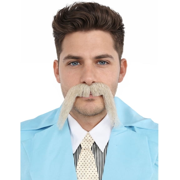 HPO Adult Mens Gray and White Fake Mustache Synthetic Fiber Facial Hair for Cosplay & Halloween Outfits