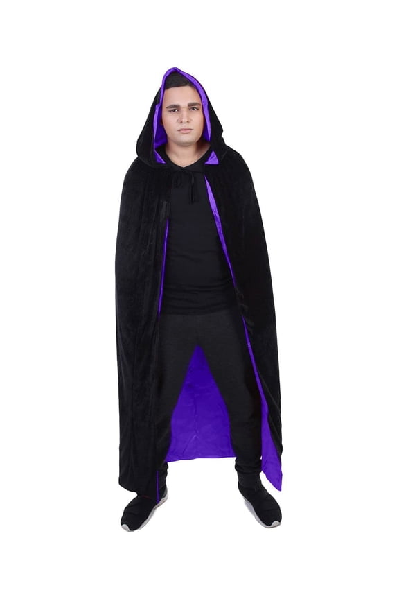 Adult Men's Halloween Anime Goth Cloak Reversible Hooded Cape Costume, Black & Purple