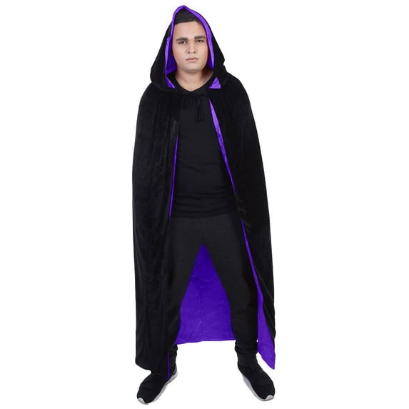 HPO Adult Men's Halloween Cosplay Anime Goth Cloak Reversible Hooded Cape Costume, Black & Purple Colors( Large )