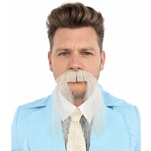 HPO Adult Men's Human Hair Mustache White & Grey Color Facial Hair,Perfect for Halloween and Cosplay