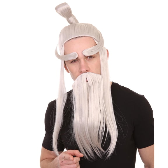 HPO Adult Mens Martial Art Master Wig with Beard and Eyebrows Synthetic Fiber