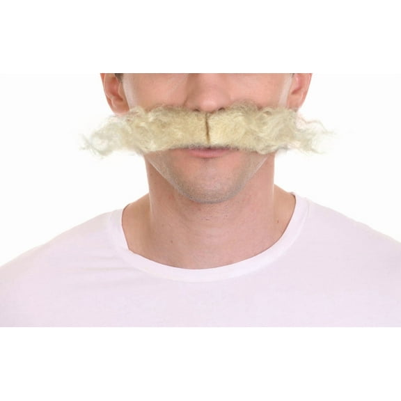 HPO Adult Men’s Fake Blonde Mustache – Long Curly Sticky Mustache for Adults, Supervillain Cosplay & Halloween