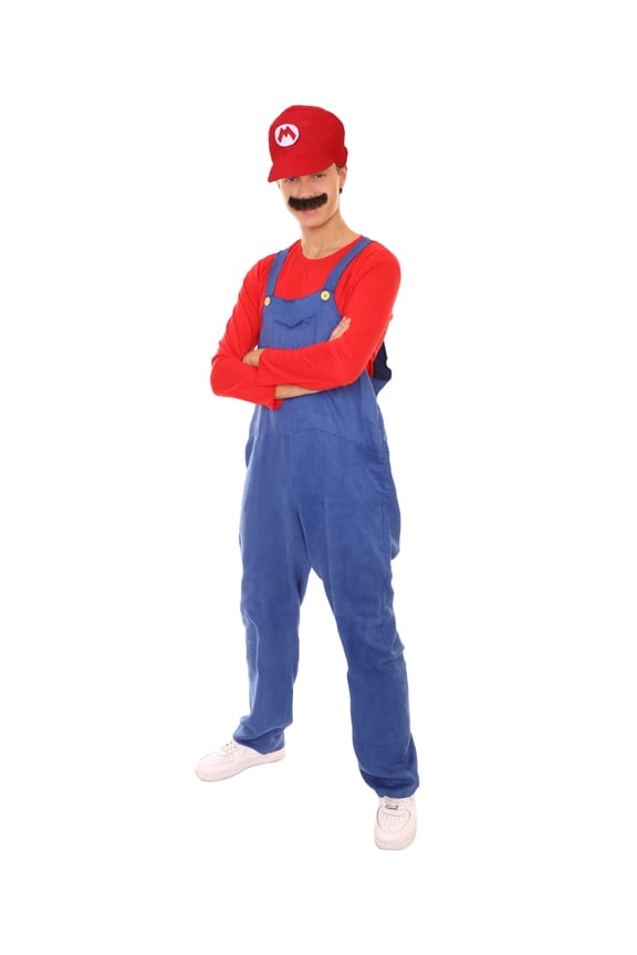 Adult Men's Red Plumber Costume | Red and Blue Halloween Costume, Synthetic Fabric