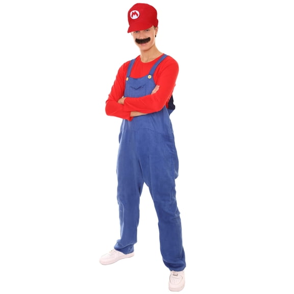 HPO Adult Men's Red Plumber Costume | Red and Blue Halloween Costume, Synthetic Fabric