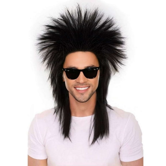 HPO Adult Black Rave Men's Wig, 80's Rock Star Mullet Funky, Cartoon Wig, Cosplay, Halloween Fun