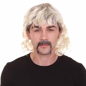HPO Adult Men's Zookeeper Wig Set Long Curly Blonde Mullet with Handlebar Mustache for Costumes