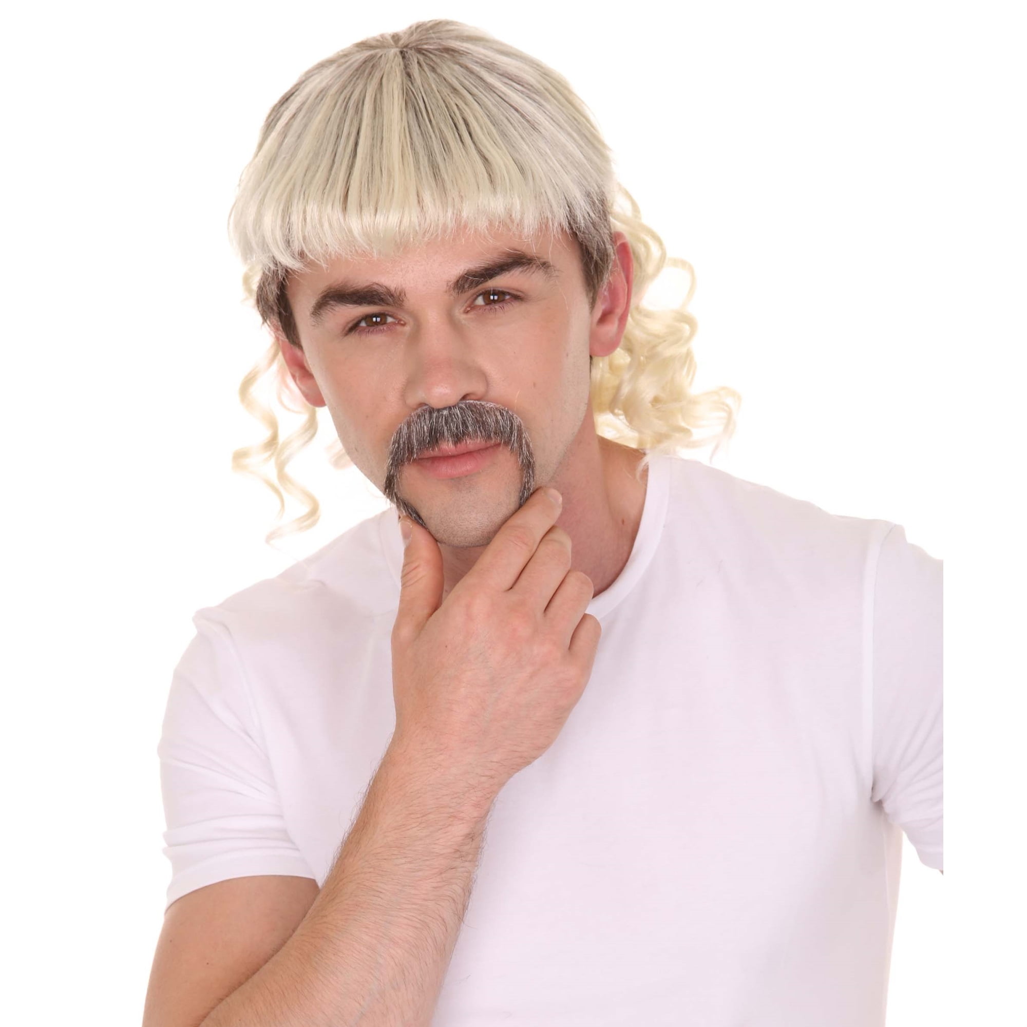 HPO Adult Men's Zookeeper Bleach Mullet Wig with Handlebar Mustache Set