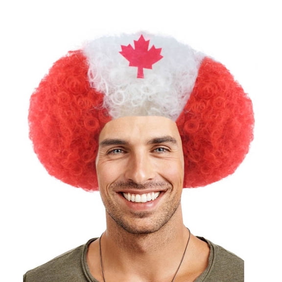 HPO Adult Mens Patriotic Canada Flag Wigs, White and Red Wig, Synthetic Fiber