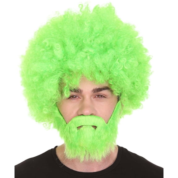 HPO Adult Unisex 80's Painter Light Green Halloween Wig and Light Green and Patches of Black Beard Set, Easy and Classic Celebrity Costume