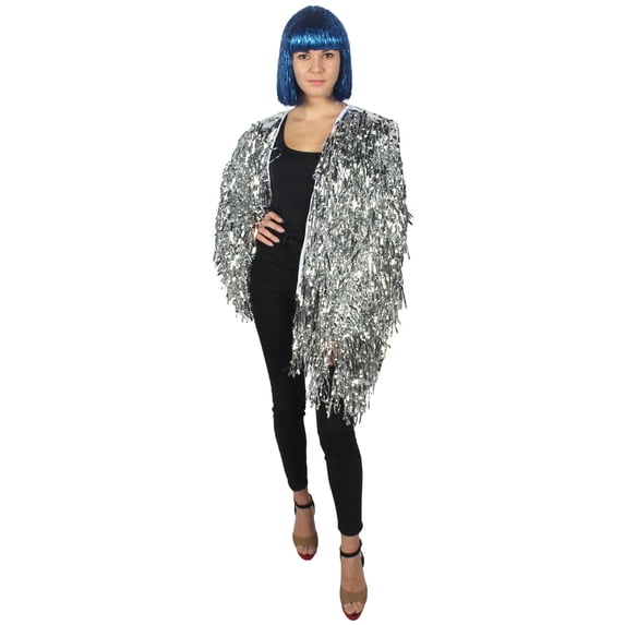HPO Adult Unisex Festival Carnival Thick Tinsel Jacket with Loose Fit, Extra Dense, Silver Color