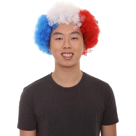 HPO Unisex France Blue White Red Curly Costume Wig Adult Synthetic Sports Fan Party Cosplay Wig