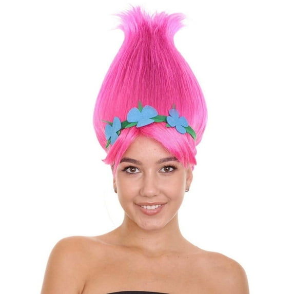 HPO Adult Women's Princess Troll Wig – Pink Pointy Cosplay Hair with Flower Crown for Halloween & Party
