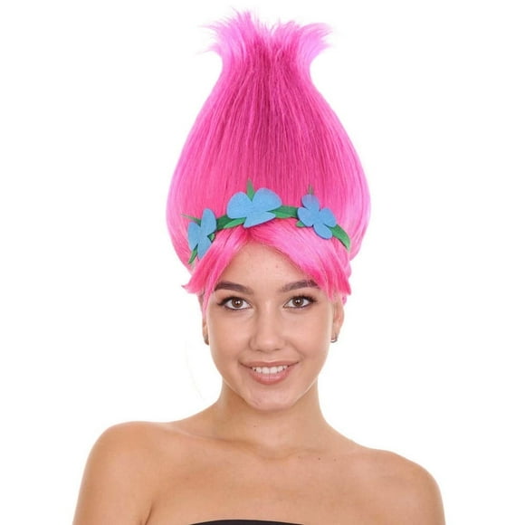 HPO Adult Women's Princess Troll Wig – Pink Pointy Cosplay Hair with Flower Crown for Halloween & Party